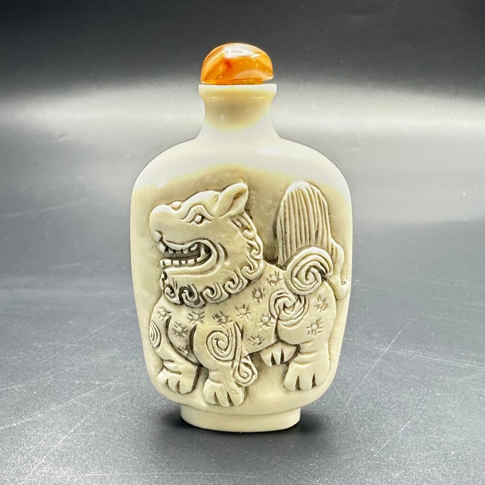 Antique Chinese Carved (Bovine) Bone Snuff Bottle—Fu Lu Symbolism, Qing Dynasty